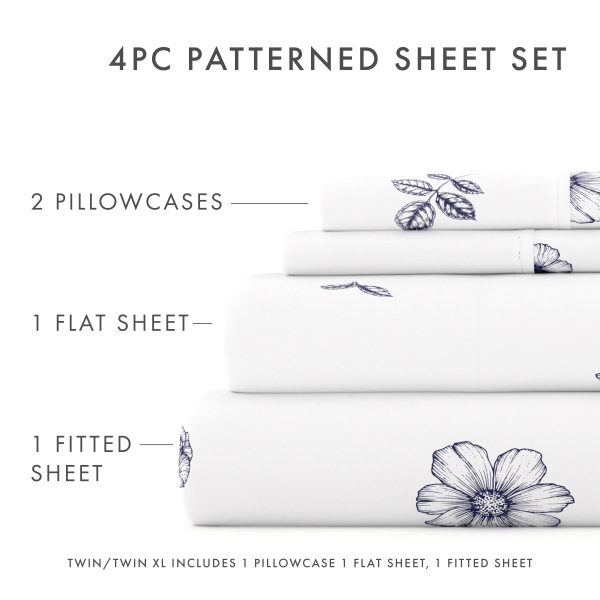 Indigo Flowers Pattern 4-Piece Sheet Set (Sale) Online Sale - Image 5